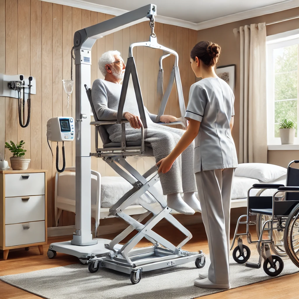 DALL·E-2025-03-23-06.37.43-A-medical-Hoyer-lift-used-for-patient-transfers-in-a-home-care-setting.-The-lift-has-a-sturdy-metal-frame-a-sling-attached-to-support-a-patient-and-.webp